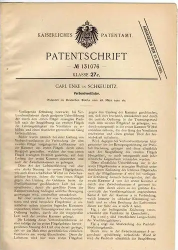 Original Patentschrift - C. Enke in Schkeuditz , 1901 , Ventilator , Lüfter !!!