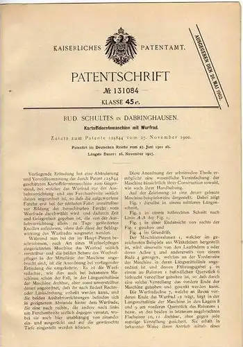 Original Patentschrift - R. Schultes in Dabringhausen , 1901, Kartoffelerntemaschine , Landwirtschaft , Agrar !!!