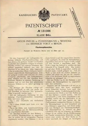 Original Patentschrift - A. Preuss in Fürstenbrunn b. Westend , 1901 , Flaschenspülmaschine  !!!