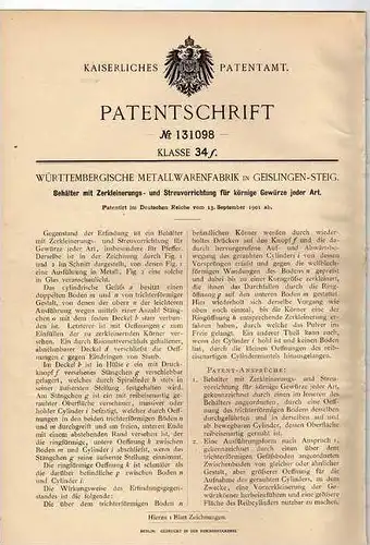 Original Patentschrift - Würtemb. Metallfabrik in Geislingen - Steig , 1901 , Gewürzmühle !!!