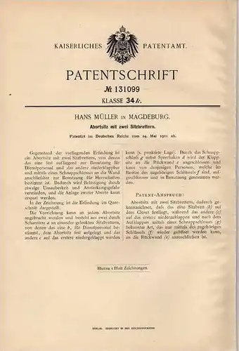 Original Patentschrift - Sitz für Abort , Toilette , WC , 1901 , H. Müller in Magdeburg !!!