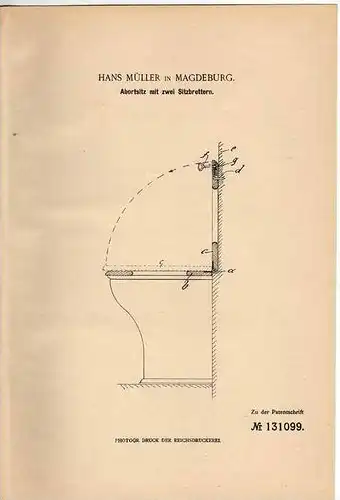 Original Patentschrift - Sitz für Abort , Toilette , WC , 1901 , H. Müller in Magdeburg !!!