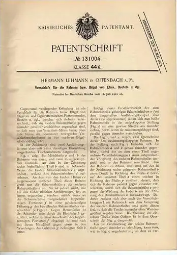 Original Patentschrift - H. Lehmann in Offenbach a. M. , 1901, Verschluß für Etuis !!!