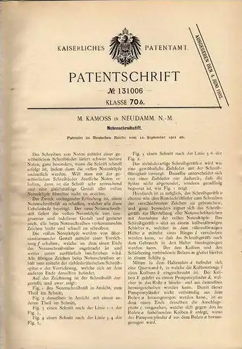 Original Patentschrift - M. Kamoss in Neudamm , N.-M. , 1901 , Stift für Noten , Musik !!!