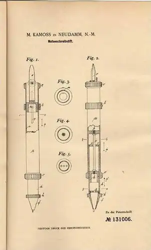 Original Patentschrift - M. Kamoss in Neudamm , N.-M. , 1901 , Stift für Noten , Musik !!!