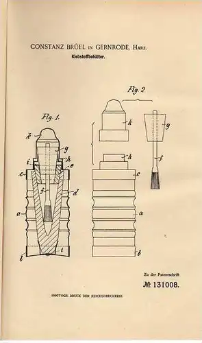 Original Patentschrift - C. Brüel in Gernrode , Harz , 1901 , Behälter für Klebstoff !!!