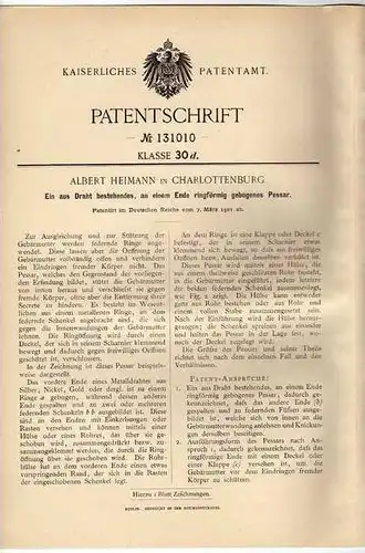 Original Patentschrift - Plessar , Instrument f. Gebärmutter , 1901 , A. Heimann in Charlottenburg , Arzt , Frauenarzt !