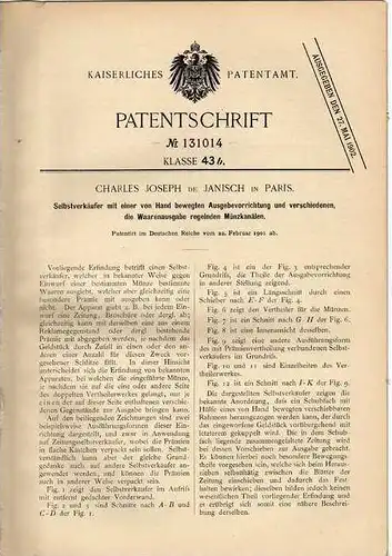 Original Patentschrift - Kassenautomat mit Münzen , 1901 , Ch. de Janisch in Paris , Selbstverkäufer , Kasse !!!