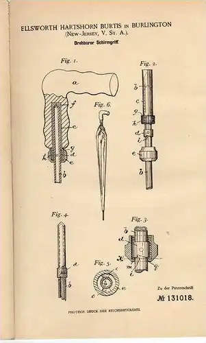 Original Patentschrift - E. Burtis in Burlington , USA , 1901 , drehbarer Schirm , Regenschirm , Sonnenschirm !!!