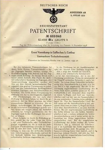 Original Patentschrift - E. Varenkamp in Gallinchen b. Cottbus , 1935 , Antrieb für Treibscheiben , Maschinenbau !!!