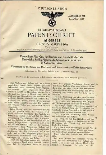 Original Patentschrift - Bergbau AG in Kattowitz , Polen , 1934 , Herstellung von Rohren !!!