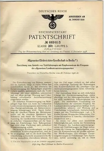 Original Patentschrift -  AEG in Berlin , 1936 ,  Antrieb für Triebfahrzeuge !!!