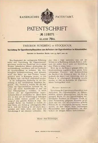 Original Patentschrift - Cigaretten Stopfmaschine , 1900 , T. Sundberg in Stockholm !!!