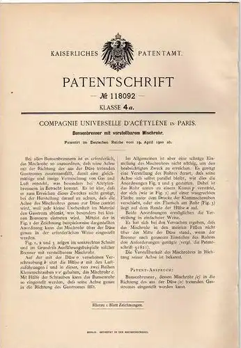 Original Patentschrift - Comp. d` Acétylene in Paris , 1900 , Bunsenbrenner mit Mischrohr , Brenner !!!