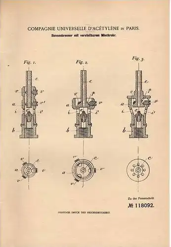 Original Patentschrift - Comp. d` Acétylene in Paris , 1900 , Bunsenbrenner mit Mischrohr , Brenner !!!