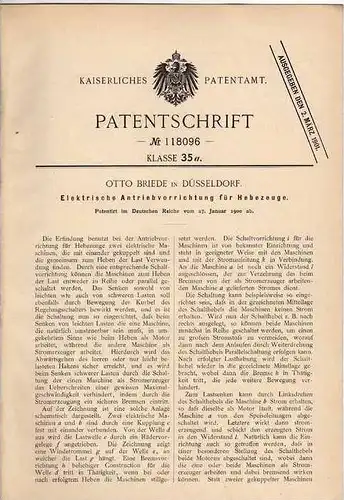 Original Patentschrift - O. Briede in Düsseldorf , 1900 ,elektr. Antrieb für Hebezeuge , Kran , Bagger !!!