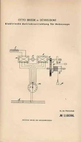 Original Patentschrift - O. Briede in Düsseldorf , 1900 ,elektr. Antrieb für Hebezeuge , Kran , Bagger !!!