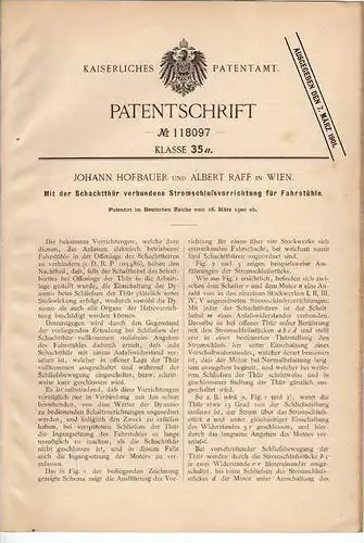 Original Patentschrift - A. Raff in Wien , 1900 , Vorrichtung für Fahrstuhl , Lift , Aufzug !!!