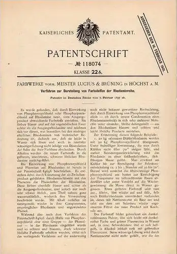 Original Patentschrift - Farbwerke in Höchst a. Main , 1897 , Darstellung von Farbstoffen , Chemie , Labor , Farbe !!!