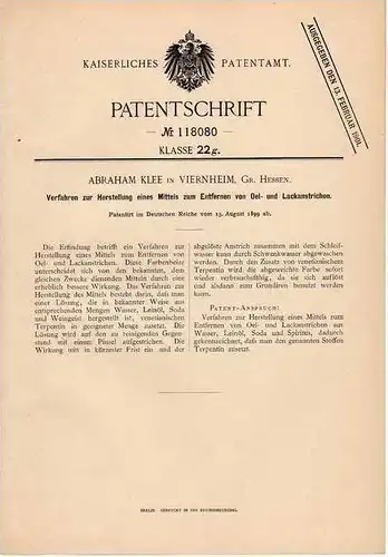 Original Patentschrift -  A. Klee in Viernheim , Gr. Hessen , 1899 , Oel- und Lackanstriche , Malerei , Mannheim !!!