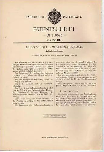 Original Patentschrift - H. Schott in München-Gladbach , 1900, Sicherheitsschraube , MAschinenbau , Metallbau !!!