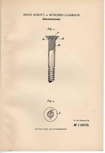 Original Patentschrift - H. Schott in München-Gladbach , 1900, Sicherheitsschraube , MAschinenbau , Metallbau !!!