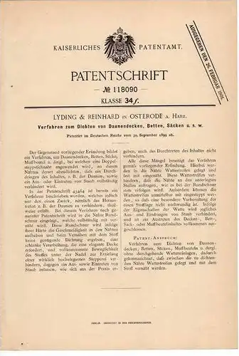 Original Patentschrift - Lyding & Reinhard in Osterode a. Harz , 1899 , Abdichten von Betten , Säcken!!!
