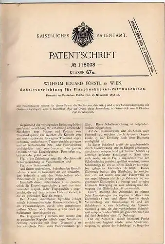 Original Patentschrift - Putzmaschine für Kronkorken , 1898 , W. Förstl in Wien !!!