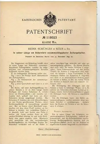 Original Patentschrift - H. Schürger in Köln a. Rhein , 1899 , klappbarer Halter für Zeitung  !!!
