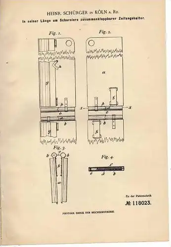 Original Patentschrift - H. Schürger in Köln a. Rhein , 1899 , klappbarer Halter für Zeitung  !!!