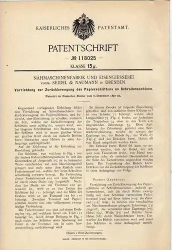 Original Patentschrift -  Nähmaschinenfabrik in Dresden , 1897 , Schlitten für Schreibmaschine !!!