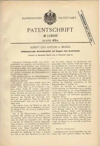 Original Patentschrift - selbstkassierende Garderobe , 1899 , A. Antoni in Berlin !!!