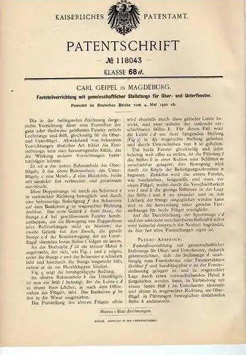 Original Patentschrift - C. Geipel in Magdeburg , 1900 , Ober- und Unterfenster , Fenster !!!