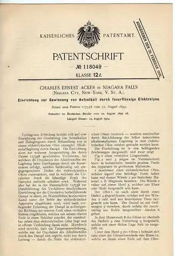 Original Patentschrift - Ch. Acker in Niagara Falls , USA , 1899 , Gewinnung von Aetzalkali !!!