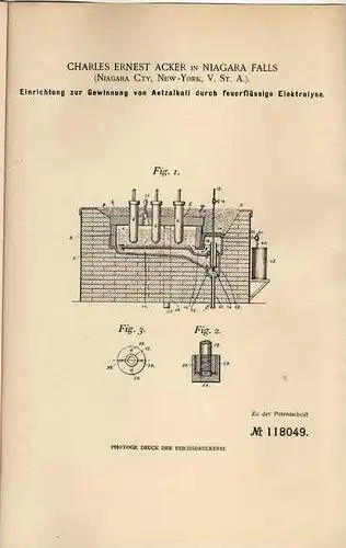 Original Patentschrift - Ch. Acker in Niagara Falls , USA , 1899 , Gewinnung von Aetzalkali !!!