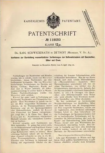 Original Patentschrift - Dr. Schwickerath in Detroit , 1899 , Verbindung von Säure mit Silber und Quecksilber , Chemie !