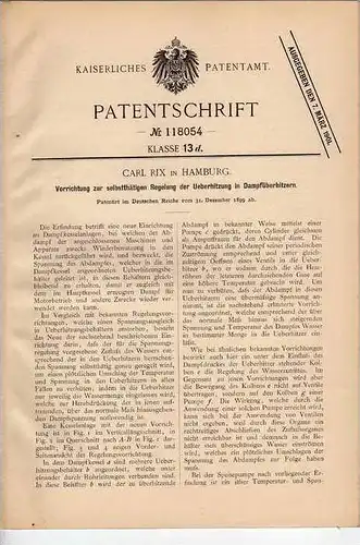 Original Patentschrift -  C. Rix in Hamburg , 1899 , Regelung bei Dampfkessel - Anlagen !!!