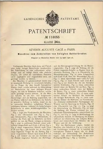 Original Patentschrift -  Maschine für belegte Butterbrote , 1900 , S. Gagé in Paris !!!