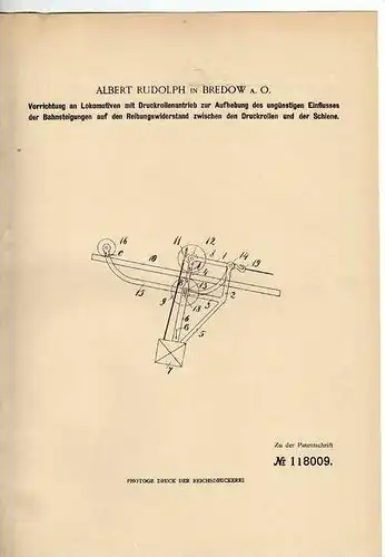 Original Patentschrift - A. Rudolph in Bredow a. Oder , 1898 , Lokomotive , Eisenbahn , Schiene  !!!
