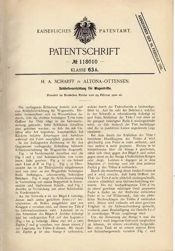 Original Patentschrift - H. Scharff in Altona - Ottensen , 1900 , Wagentritt - Schließvorrichtung  !!!