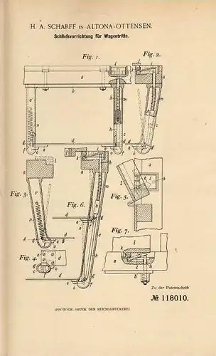 Original Patentschrift - H. Scharff in Altona - Ottensen , 1900 , Wagentritt - Schließvorrichtung  !!!