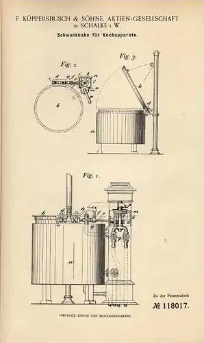 Original Patentschrift - F. Küppersbusch & Söhne in Schalke i. W., 1900 , Kochapparat  !!!