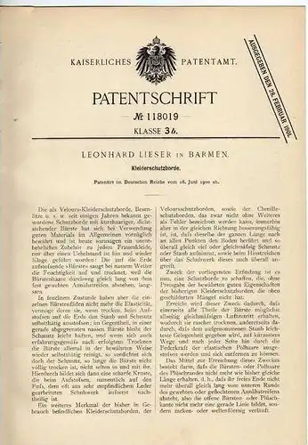 Original Patentschrift - L. Lieser in Barmen , 1900 , Kleiderschutzborde , Wäsche , Mode !!!