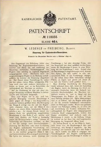 Original Patentschrift - W. Lederle in Freiburg , Baden , 1899 , Steuerung für Explosionskraftmaschinen  !!!