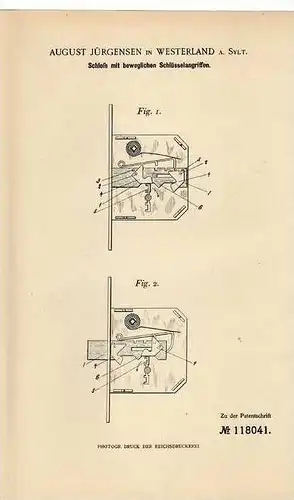 Original Patentschrift - A. Jürgensen in Westerland a. Sylt , 1900 , Schloß , Türschloß !!!