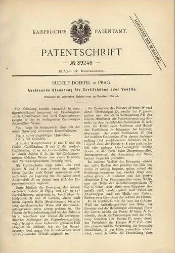 Original Patentschrift - R. Doerfel in Prag , 1886 , Steuerung für Dampfmaschine !!!