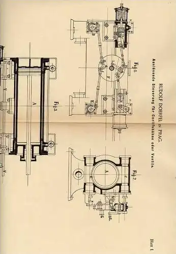Original Patentschrift - R. Doerfel in Prag , 1886 , Steuerung für Dampfmaschine !!!