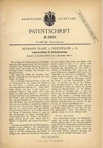 Original Patentschrift - H. Frank in Freienwalde a. O. , 1886 , Klingel für Straßenbahn , Eisenbahn !!!