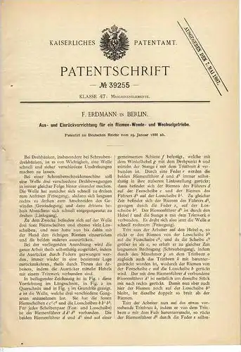 Original Patentschrift - Wende- und Wechselgetriebe für Drehbank , 1886 , F. Erdmann in Berlin , Dreherei !!!