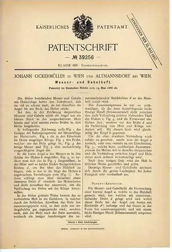 Original Patentschrift - L. Ockermüller in Altmannsdorf b. Wien , 1886 , Messer , Gabel , Besteck !!!